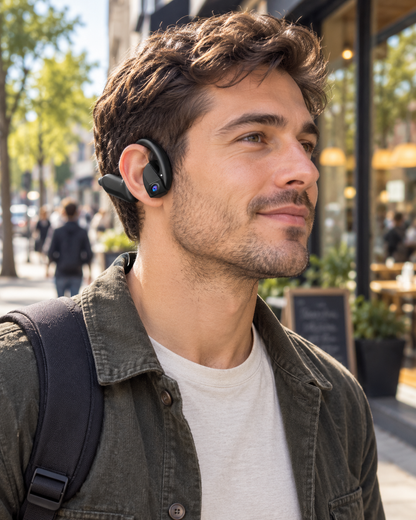 EaseTiny E900 black open-ear camera headset in an everyday walking scene