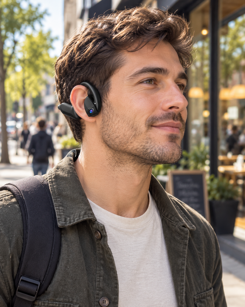 EaseTiny E900 black open-ear camera headset in an everyday walking scene